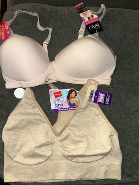 2 piece NWT Hanes Beige/Nude Racerback sports Bra 2x & Nude T-Shirt Bra Set 36DD